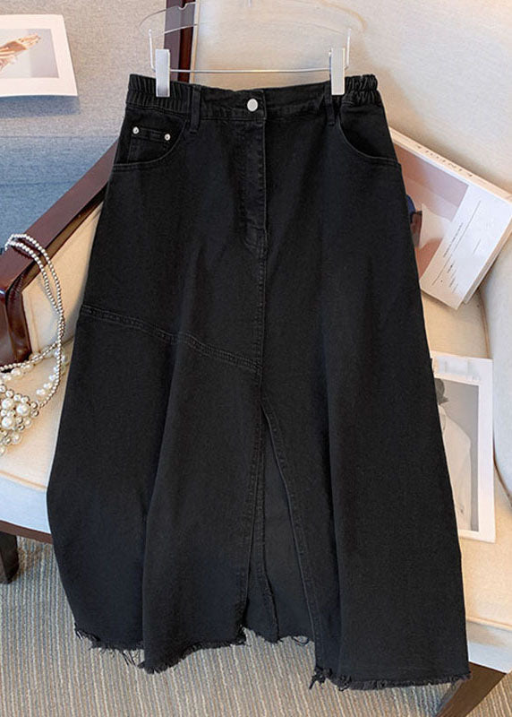 Blue Pockets Side Open Patchwork Denim Skirts Summer