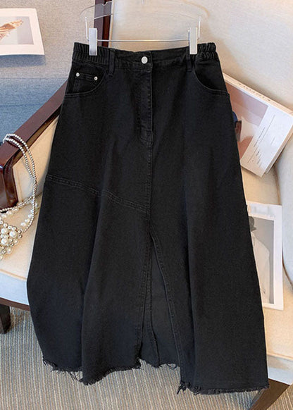 Blue Pockets Side Open Patchwork Denim Skirts Summer