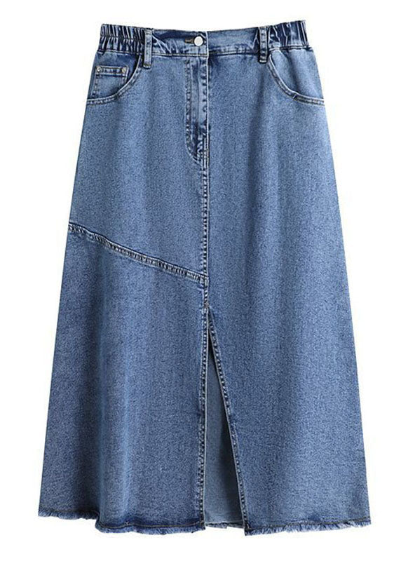 Blue Pockets Side Open Patchwork Denim Skirts Summer