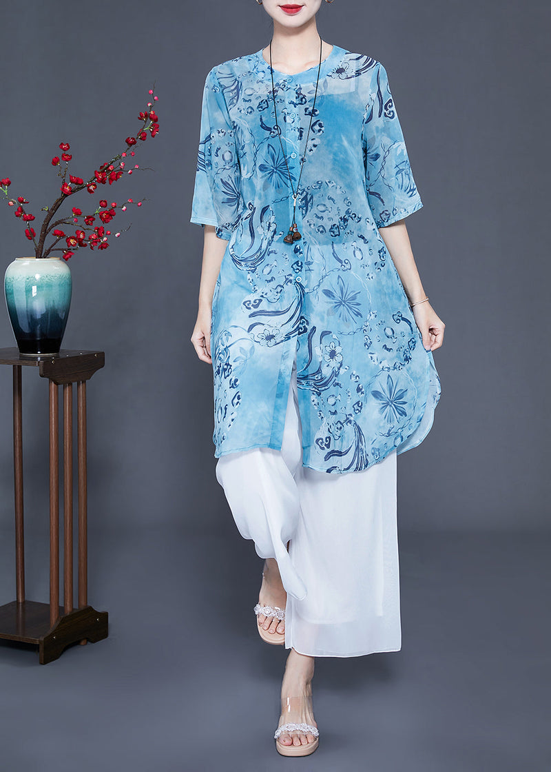 Blue Print Oversized Side Open Long Shirts and Pants Two-piece Set Summer
