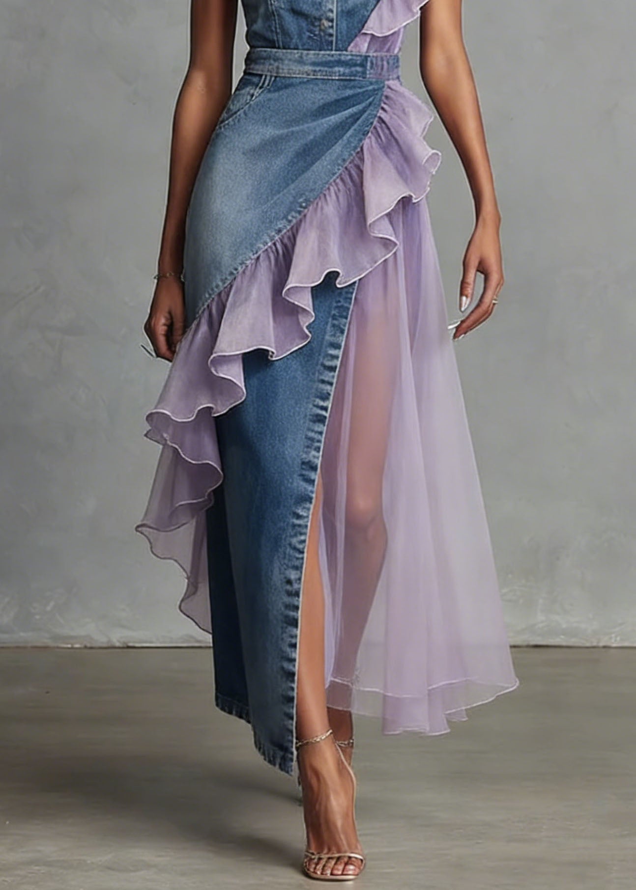 Blue Ruffled Patchwork Denim Spaghetti Strap Dress Summer