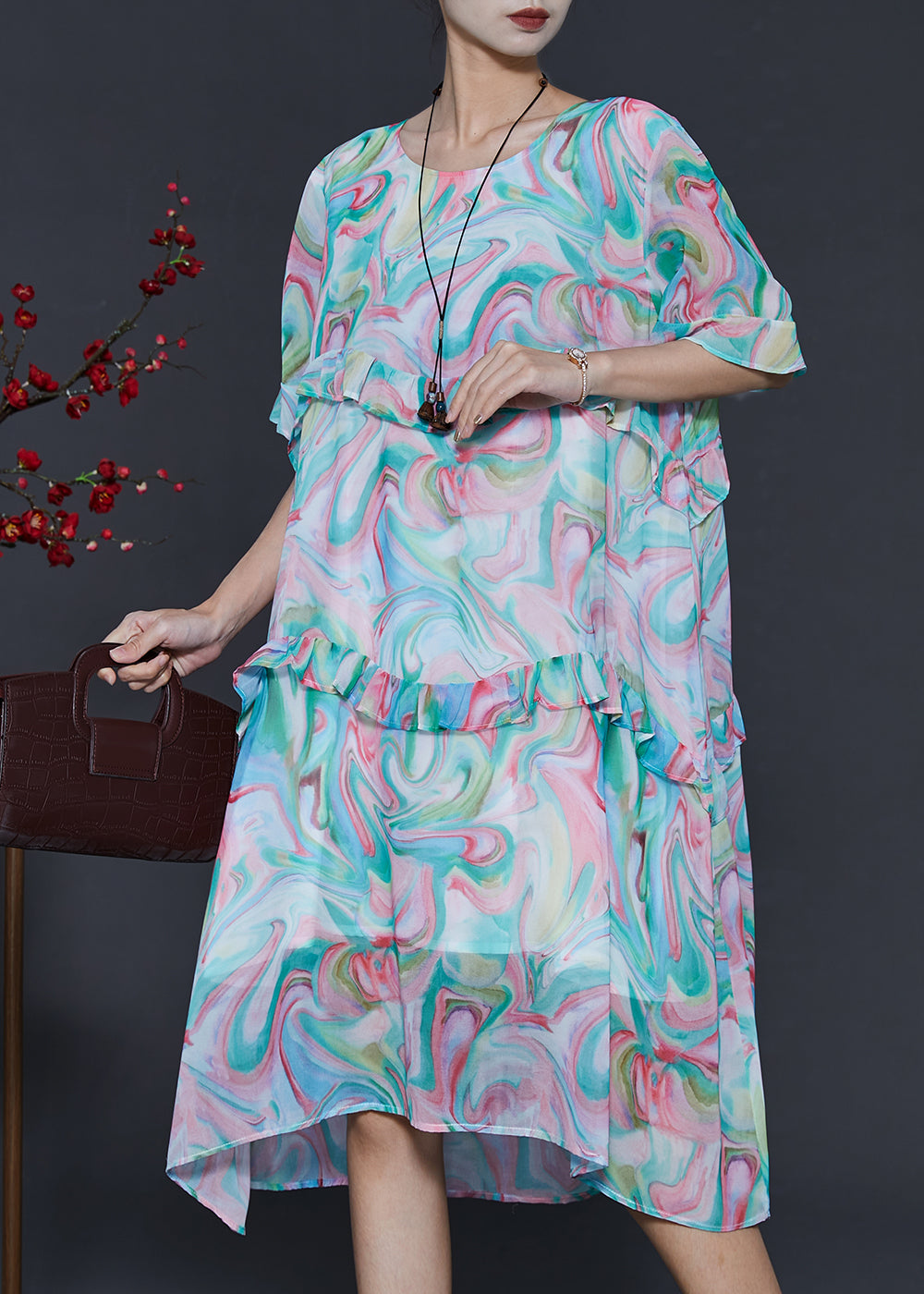 Blue Ruffled Print Chiffon Day Dresses Summer