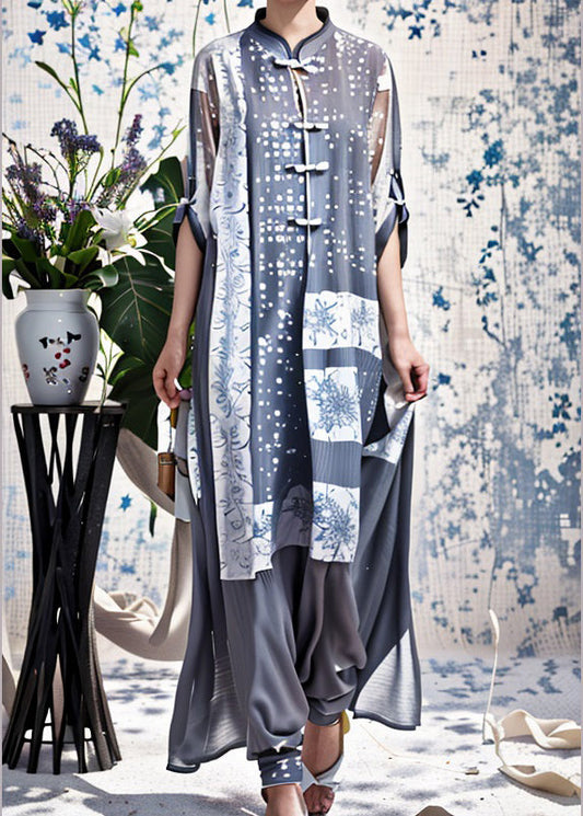 Blue Stand Collar Chinese Button Patchwork Silk Dresses Summer