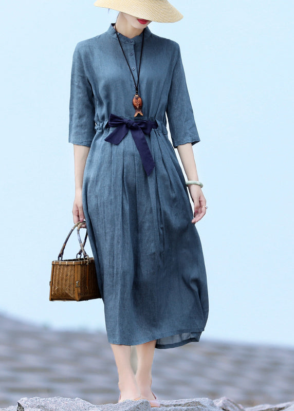Blue Stand Collar Tie Waist Button Holiday Dresses Half Sleeve