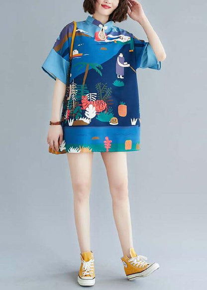 Blue Stand Print Shift Dresses Summer