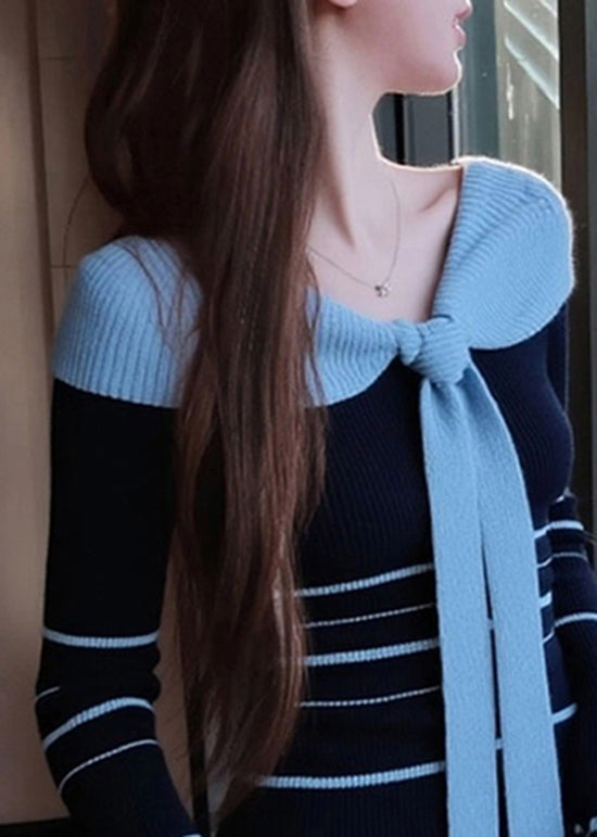 Blue Striped Bow Patchwork Knit Sweater Spring