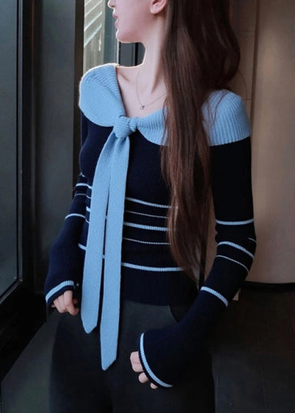 Blue Striped Bow Patchwork Knit Sweater Spring