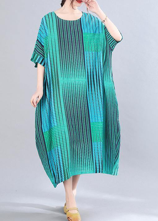 Blue Striped O-neck Short Sleeve Holiday Summer Cotton Dress