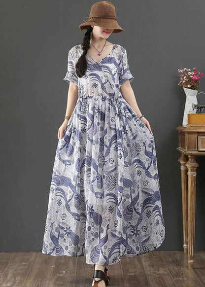 Blue Tie Waist V Neck Print Linen Maxi Dress Short Sleeve