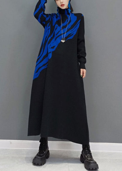 Blue Turtle Neck Knit Long Dress Spring