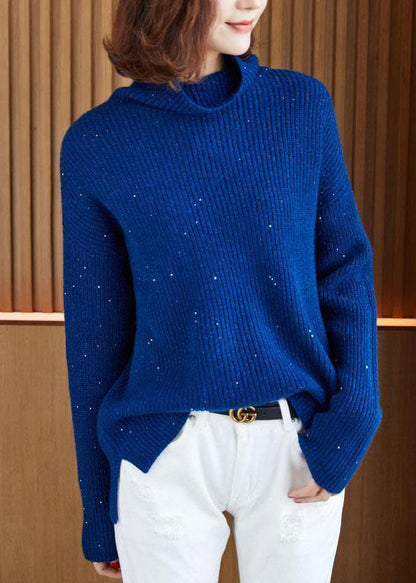 Blue Turtleneck Side Open Cotton Knit Sweaters Long Sleeve