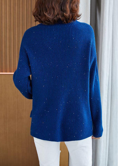 Blue Turtleneck Side Open Cotton Knit Sweaters Long Sleeve
