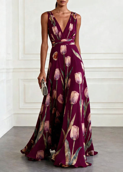 Blue V Neck Print Chiffon Long Dress Sleeveless