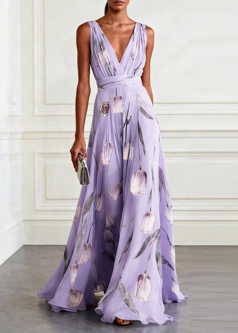Blue V Neck Print Chiffon Long Dress Sleeveless