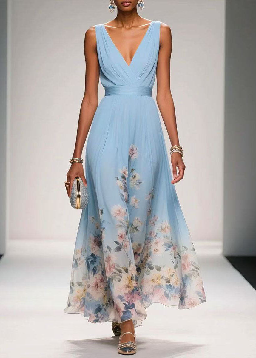 Blue V Neck Print Chiffon Long Dress Summer
