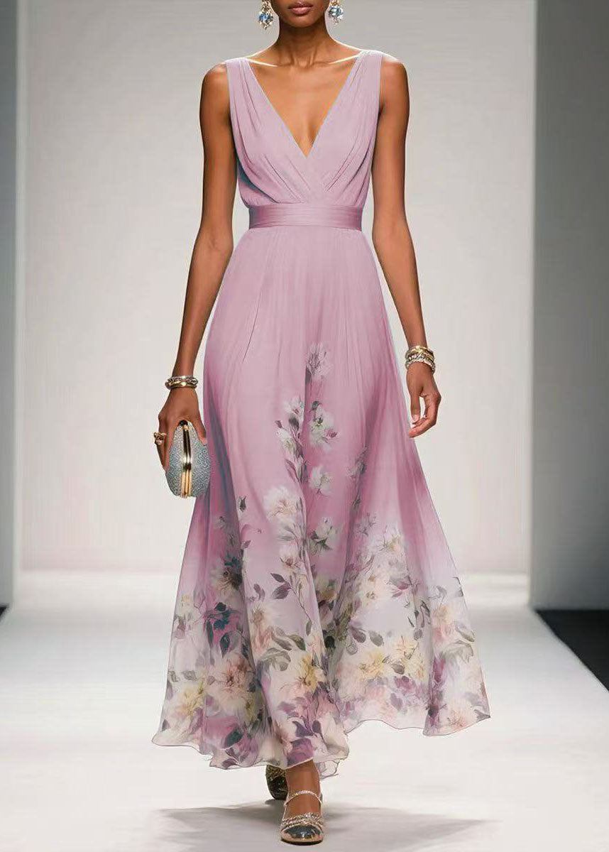 Blue V Neck Print Chiffon Long Dress Summer
