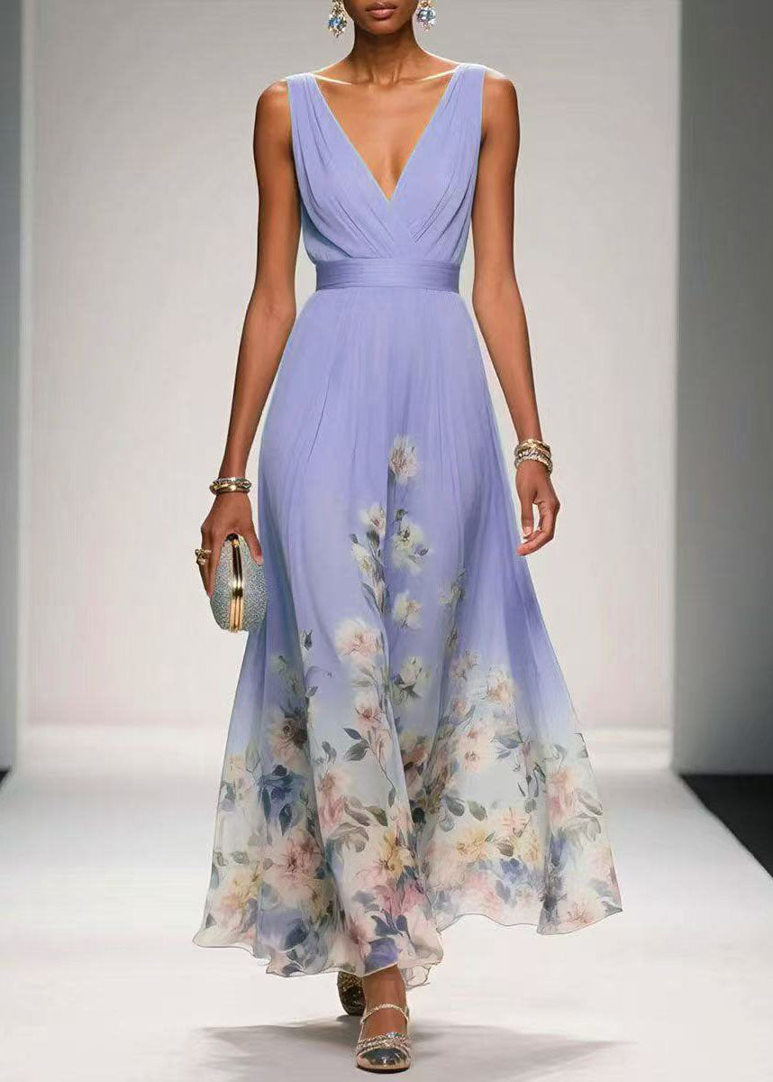 Blue V Neck Print Chiffon Long Dress Summer