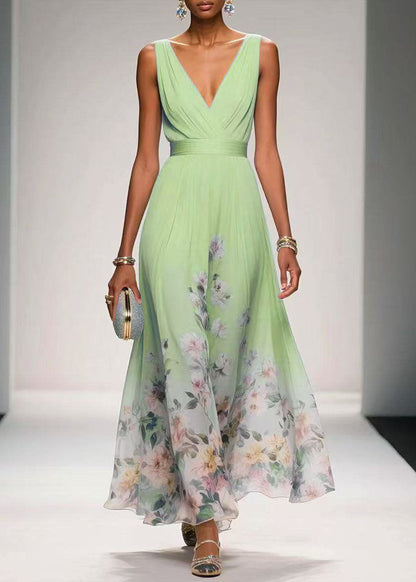 Blue V Neck Print Chiffon Long Dress Summer