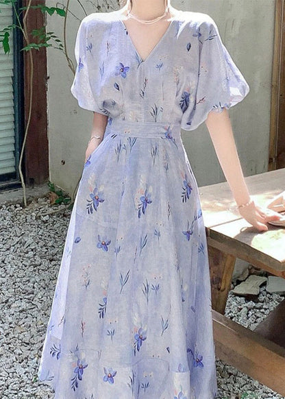 Blue V Neck Print Cotton Long Dress Summer