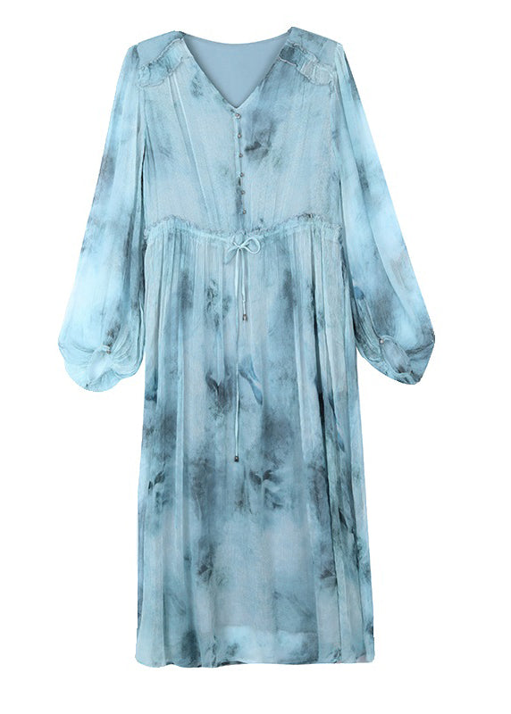 Blue V Neck Print Drawstring Silk Dress Lantern Sleeve