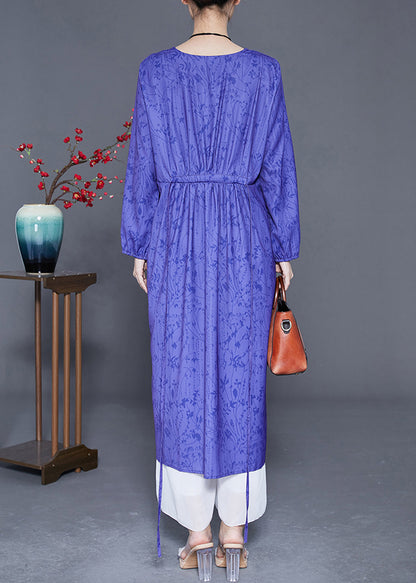 Blue V Neck Print Side Open Silk Cinched Dress Summer