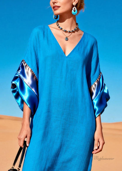 Blue V Neck Silk Patchwork Dress Summer