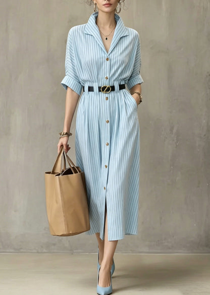 Blue V Neck Striped Pockets Cotton Dresses Summer