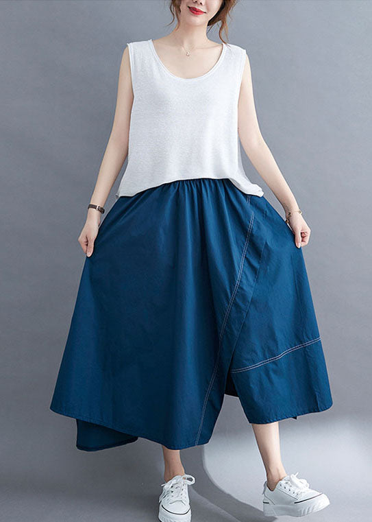 Blue Wrinkled Asymmetrical Patchwork Cotton Skirts Summer