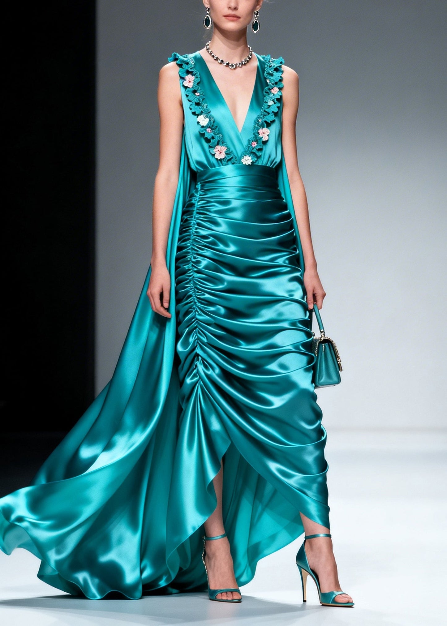 Blue Wrinkled Exra Large Hem Flower Silk Party Dresses Sleeveless