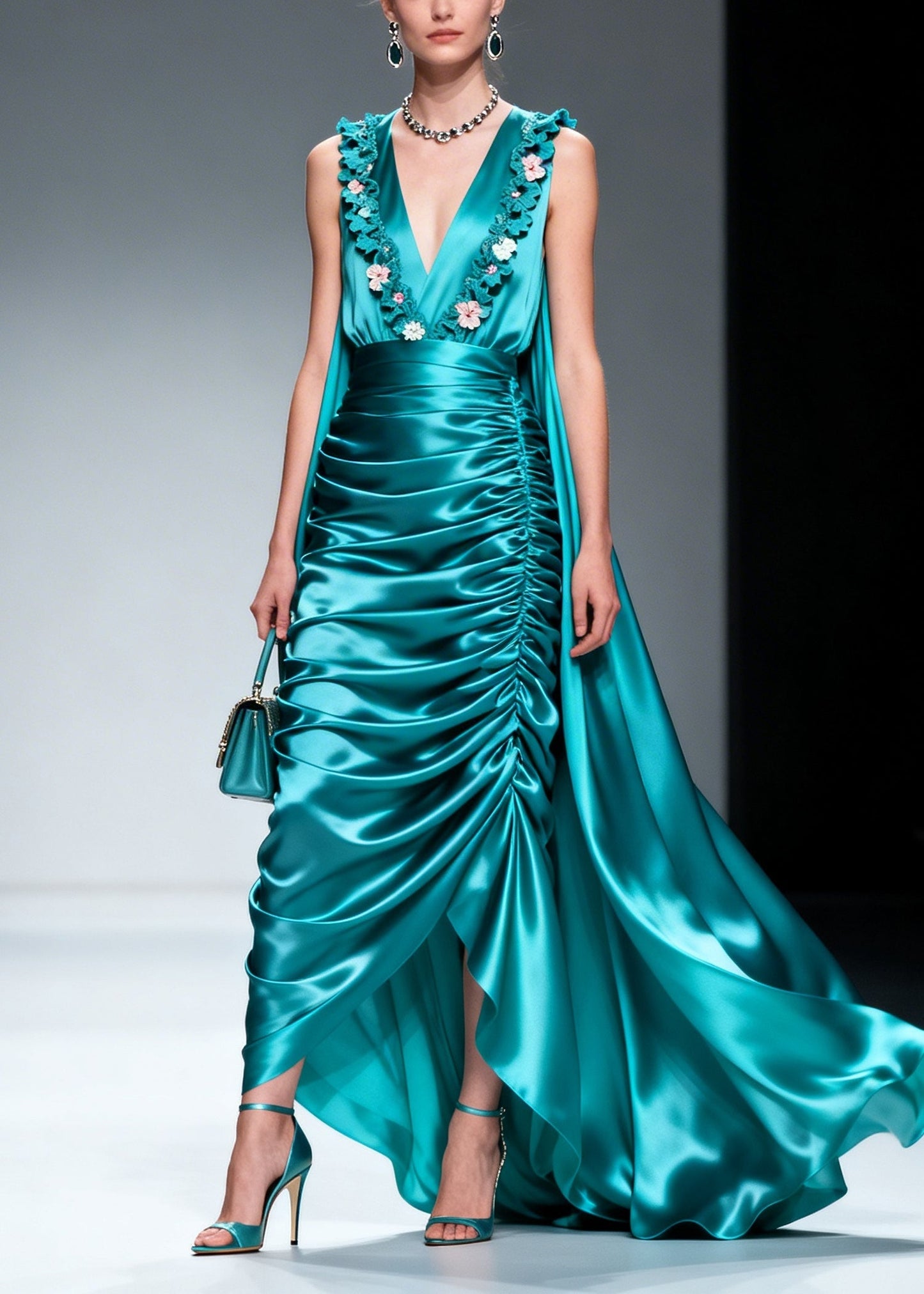 Blue Wrinkled Exra Large Hem Flower Silk Party Dresses Sleeveless