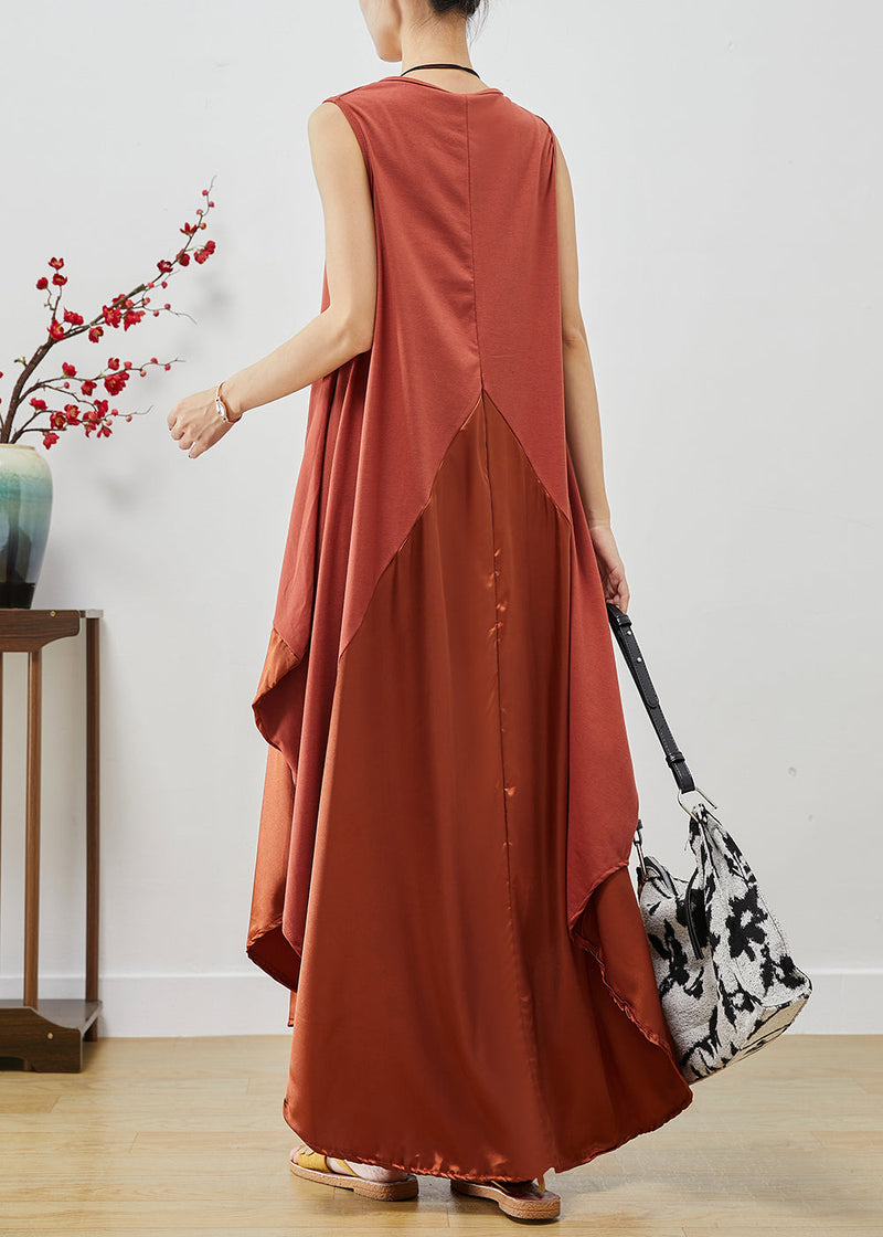 Brick Red Oversized Patchwork Silk Long Dress Sleeveless