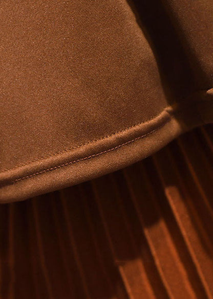 Brown Elastic Waist Patchwork Velour Pleated Skirt Fall