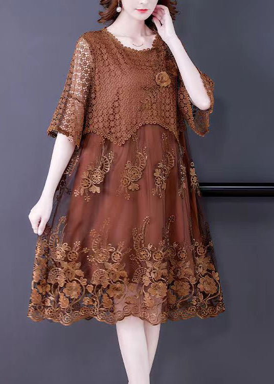 Brown O-neck Embroideried Lace Vacation Dresses Half Sleeve
