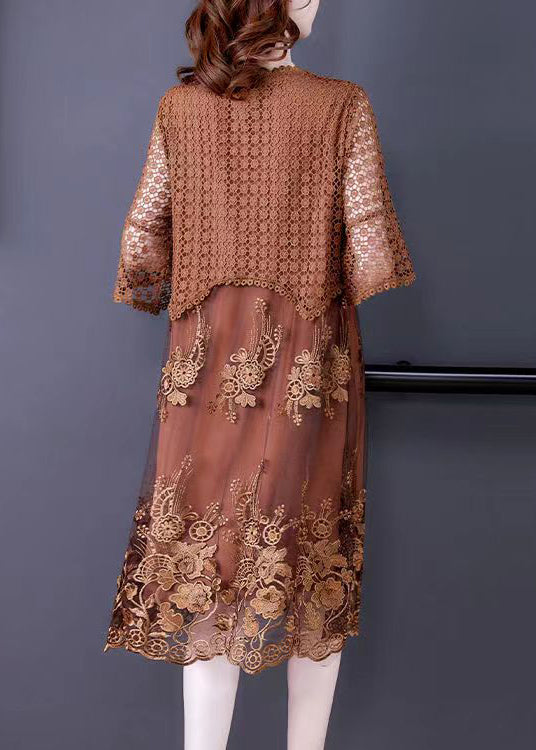 Brown O-neck Embroideried Lace Vacation Dresses Half Sleeve