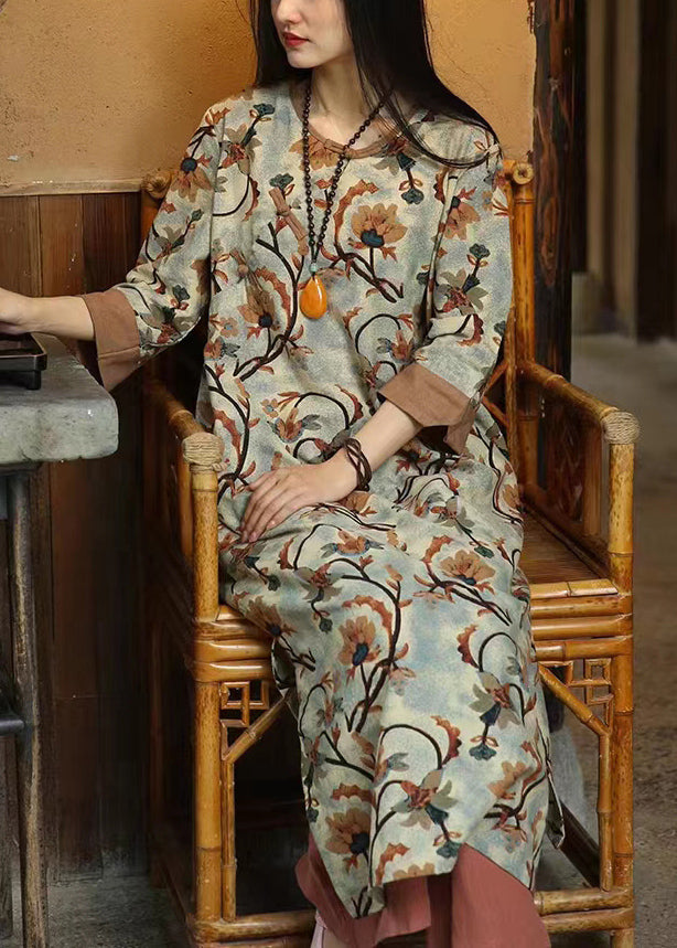 Brown Print Button Patchwork Cotton Dresses Bracelet Sleeve