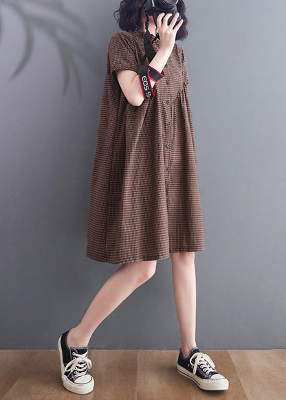 Brown Ruffled Plaid Linen a Line Dress Summer