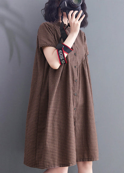 Brown Ruffled Plaid Linen a Line Dress Summer