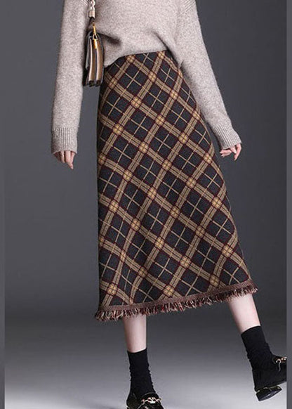 Brown Tasseled Plaid Knit Skirts Winter