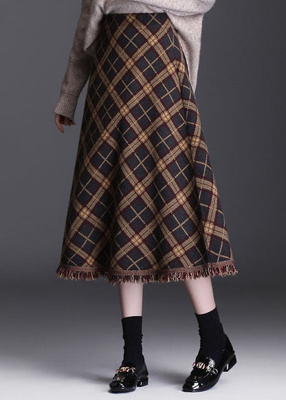 Brown Tasseled Plaid Knit Skirts Winter