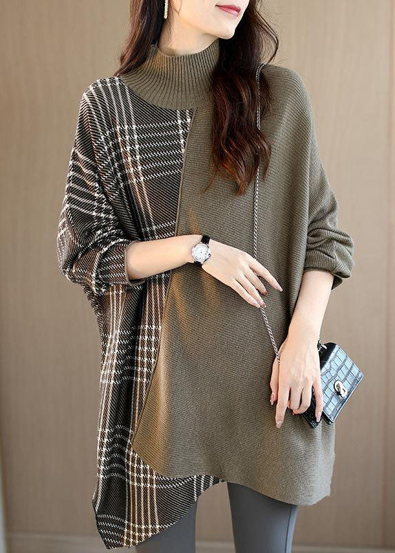 Brown Turtleneck Patchwork Plaid Fall Sweater