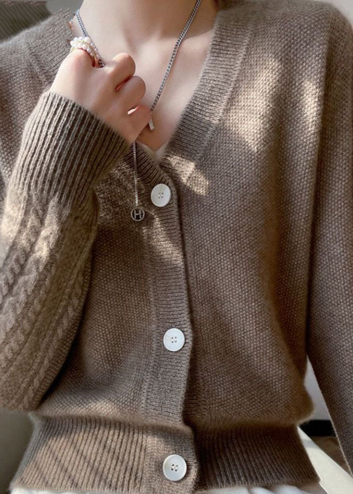 Camel V Neck Patchwork Wool Cardigans Coat Spring