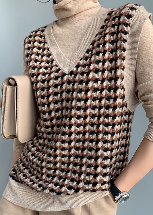 Camel V Neck Plaid Cotton Knit Waistcoat Fall