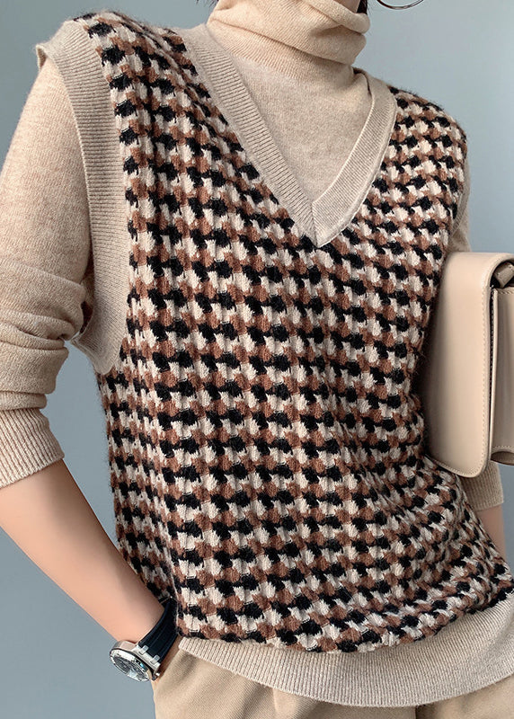 Camel V Neck Plaid Cotton Knit Waistcoat Fall