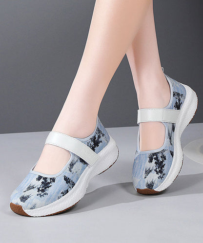 Blue Denim Fabric Print Flat Feet Shoes Buckle Strap