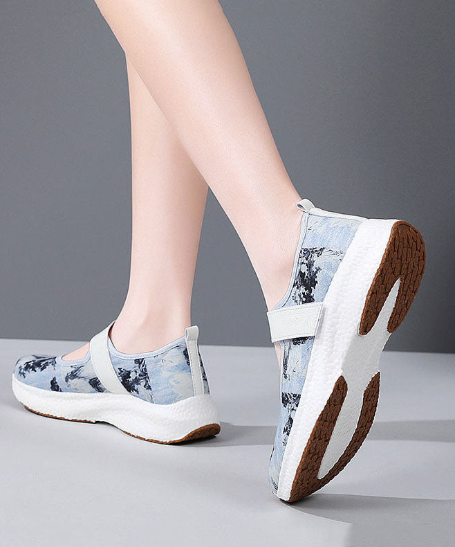 Blue Denim Fabric Print Flat Feet Shoes Buckle Strap