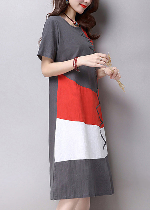 Short Sleeve Splice Loose O-neck Mid Long Dress
