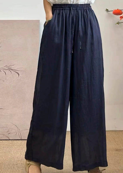 Yellow Pockets Elastic Waist Linen Pants Summer