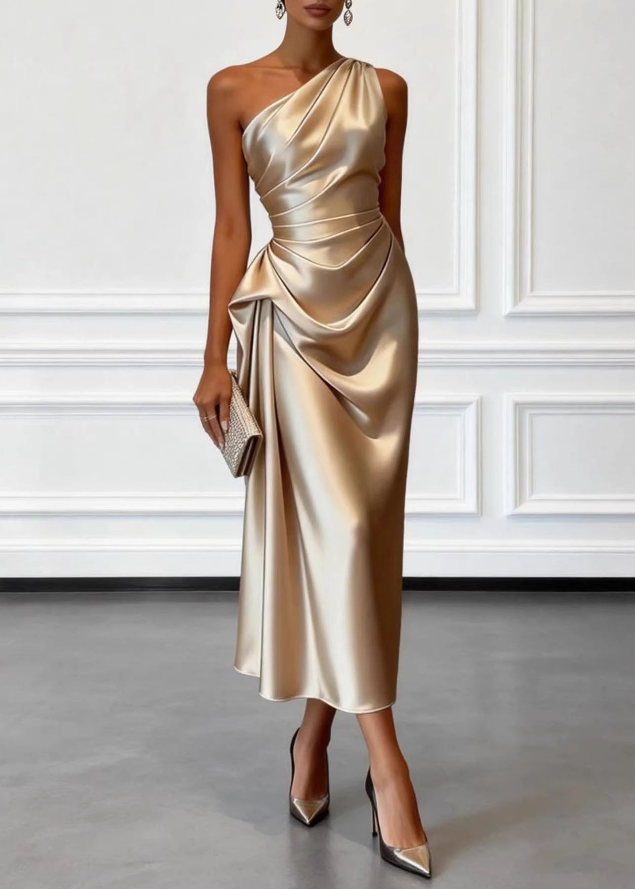 Champagne One Shoulder Wrinkled Silk Dress Summer