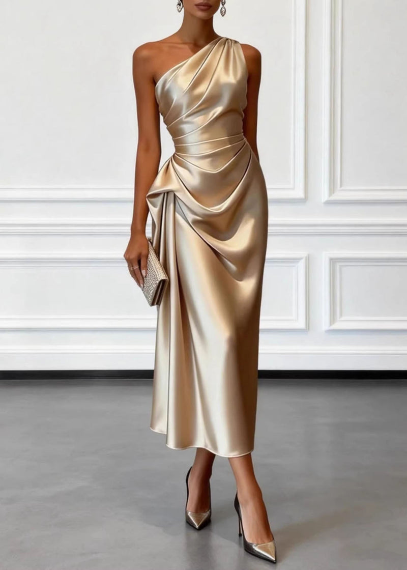 Champagne One Shoulder Wrinkled Silk Dress Summer