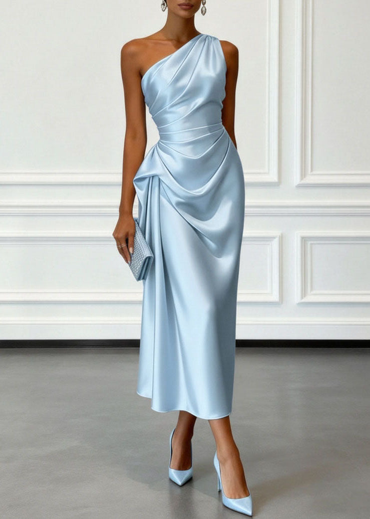 Champagne One Shoulder Wrinkled Silk Dress Summer